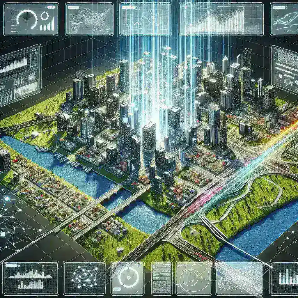 "Digital Twin Technology representation of urban infrastructure, showcasing detailed city models for planning and simulation purposes."