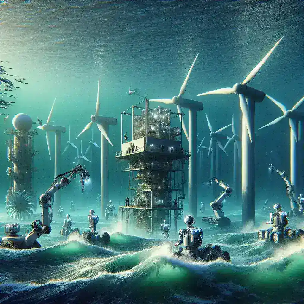 "Robotic AI system assembling components of an undersea renewable energy plant, showcasing advanced technology for sustainable energy generation."