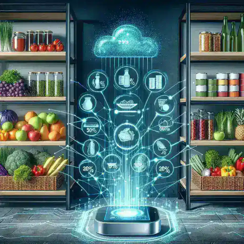"AI-powered home pantry inventory tracking system from Amazon Fresh, showcasing a modern kitchen with smart technology managing grocery items efficiently."